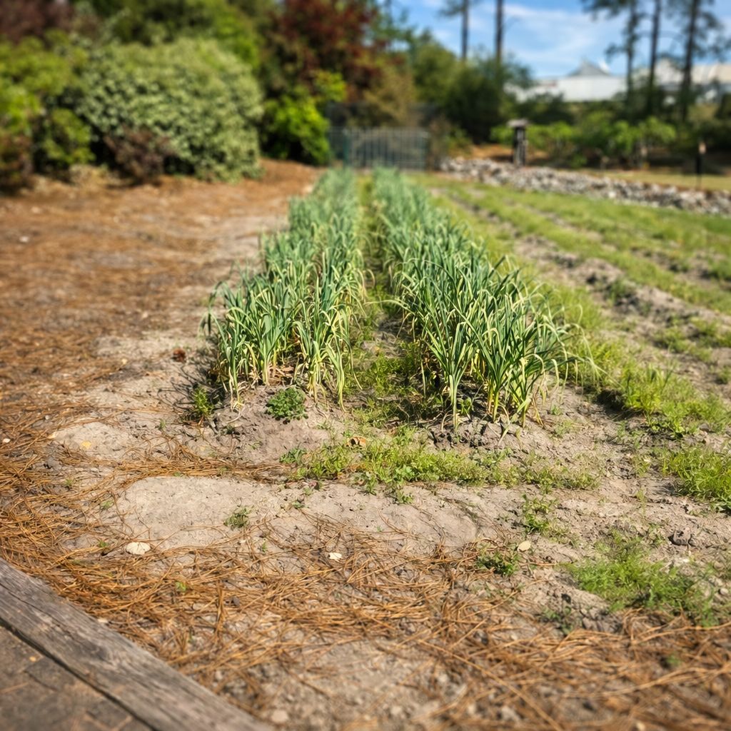 Long rows of garlic and onions growing in a market garden